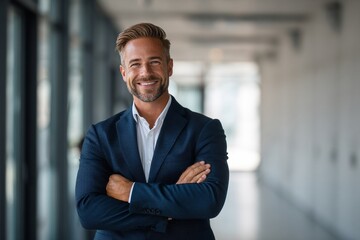 Fototapeta premium Portrait of a happy businessman with crossed arms wearing a navy blue suit in an office.