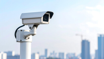 A white security camera is mounted on a pole, keeping watch over a blurred city skyline under a bright sky.