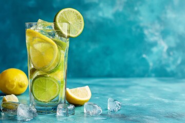A vibrant glass of lemonade filled with fresh lemons, limes, and ice cubes on blue.
