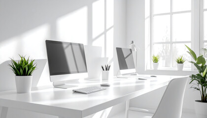 Fototapeta premium Bright, minimalist office workspace with white furniture, dual monitors, and green plants by a sunny window.