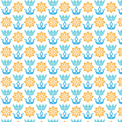 Seamless pattern of crowns and floral elements in blue and gold repeating on white background