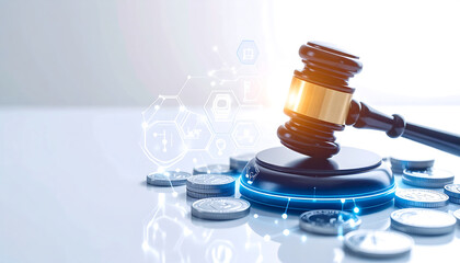 Gavel and coins with digital overlay, representing digital law, finance, and justice in a modern context.