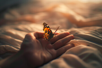 A striking Painted Lady butterfly perches gracefully on a human hand against a soft, neutral-toned background. The scene conveys a sense of peace, gentleness, and a fragile connection with nature.