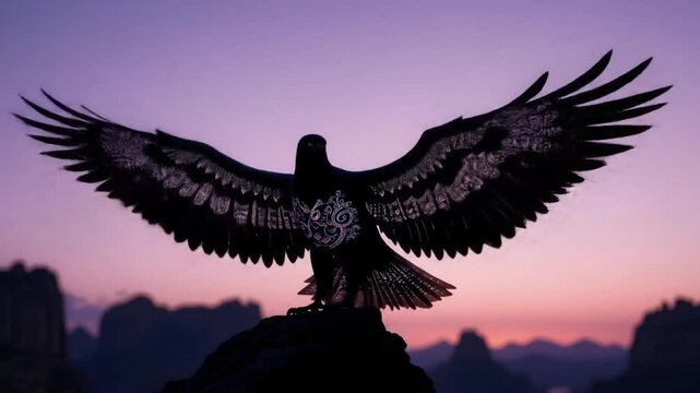 Majestic Eagle Silhouette at Dawn with Ornate Wing Design