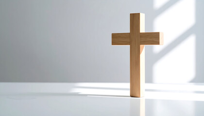 Simple wooden cross on white surface with sunlight shadows, evoking faith and hope.
