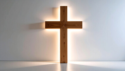 Simple wooden cross on white wall, backlit by warm light creating halo effect and casting shadows.