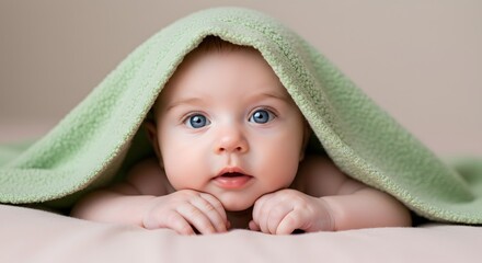 Cute Baby with Blue Eyes Under Green Blanket: Newborn Portrait
