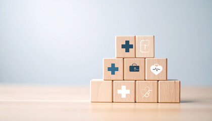 Obraz premium Stacked wooden blocks with medical symbols representing healthcare, wellness, and health concepts on a wooden surface.