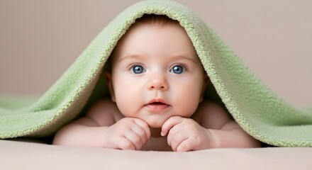 Cute Baby Under Green Blanket, Newborn Infant with Big Blue Eyes
