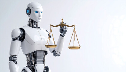 Fototapeta premium White humanoid robot holds golden scales of justice on a white background, symbolizing AI, law, and ethics.