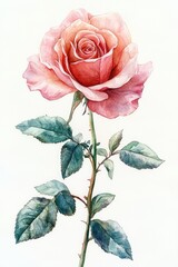 Fototapeta premium Soft Pink Watercolor Rose with Green Leaves and Gentle Brushstrokes