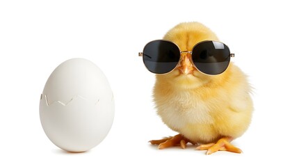 Cool Chick with Sunglasses Beside Egg on White Background