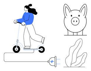 Woman riding sleek electric scooter and plug illustration emphasizing sustainable energy. Piggy bank suggests savings, leaves imply eco-friendliness. Ideal for sustainability, energy, transport