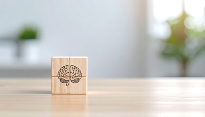 Wooden puzzle cubes form a brain image, symbolizing learning, education, psychology or development.