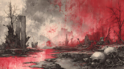 graphic for horror-themed exhibition | corporeal transcendence | cosmic despair | ashen grays and reds | foreground decay dominance | warped skeletons | sinew textures | drybrush decay |