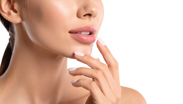 Close-Up View of Woman's Face with Soft Skin and Elegant Nails