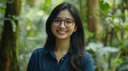 Young Asian Woman Smiling in Natural Setting with Lush Green Background