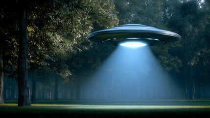 Single chrome UFO beams a faint blue light onto a circular meadow in a dense forest. Bright daylight filters through trees. Meadow occupies bottom 20%, 80% open sky (copy space). Clean lines.