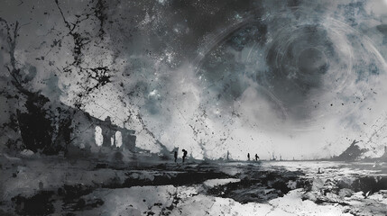 concept art for psychological thriller | corporeal transcendence | cosmic despair | bone white and pitch black | foreground decay dominance | warped skeletons | organic ruin rendering | textural