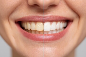 Close-up comparison of teeth before and after professional whitening treatment.