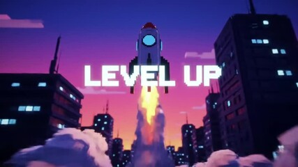 Pixelated Rocket Launching Above Cityscape at Sunset with "Level Up" Text Overlay - Powered by Adobe