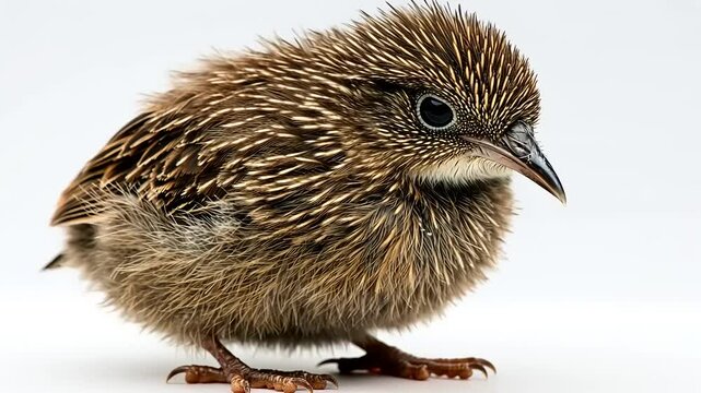 A close-up perspective capturing the detailed features of a fledgling bird on white