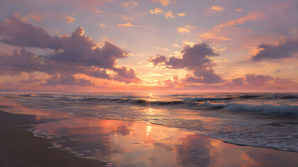 Obraz premium Golden Hour Sunset at the Beach Pink and Orange Hues Reflecting on the Water