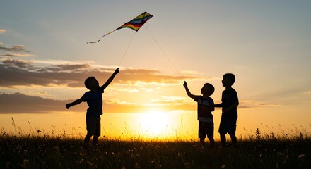 Kids Flying Kite at Sunset Silhouette: Children Playing Outdoors in Field with Kite
