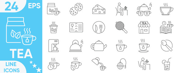 Tea icon set.teacup, green tea, cultivation, tea set, kettle, coffee, spoon knife, orange juice, morning, cereals, jam, milk, teaspoon and more.Vector and illustrator set.