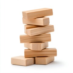 Stacked Wooden Blocks in a Balanced Arrangement on a Clean White Surface