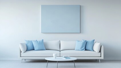 Light and airy living room with a white sofa, light blue accents, and a blank canvas