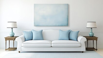 Light-blue abstract painting above a white sofa with light-blue cushions in a light-filled room