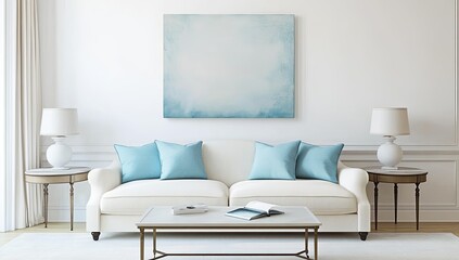 Light-blue abstract painting hangs above a cream sofa in a bright, classic living room
