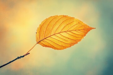 Obraz premium Single golden autumn leaf on branch, soft focus