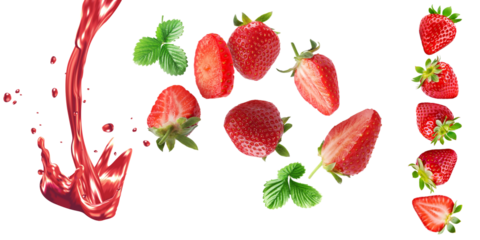 fresas flotando con splash cremoso fresas cortadas en varias presentaciones aislado rojas jugosa fresca deliciosa saludable fotografía macro alta definición chapoteo dulce cremoso png 