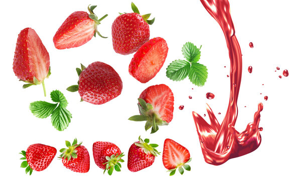 fresas flotando con splash cremoso fresas cortadas en varias presentaciones aislado rojas jugosa fresca deliciosa saludable fotograf&iacute;a macro alta definici&oacute;n chapoteo dulce cremoso png 