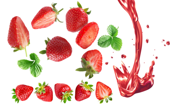 fresas flotando con splash cremoso fresas cortadas en varias presentaciones aislado rojas jugosa fresca deliciosa saludable fotografía macro alta definición chapoteo dulce cremoso png 