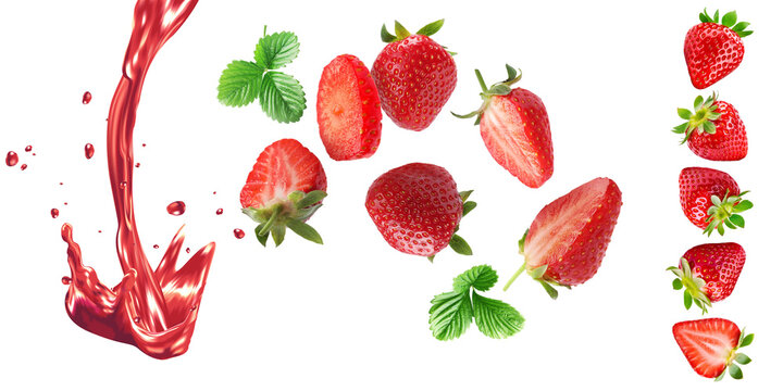 fresas flotando con splash cremoso fresas cortadas en varias presentaciones aislado rojas jugosa fresca deliciosa saludable fotograf&iacute;a macro alta definici&oacute;n chapoteo dulce cremoso png 