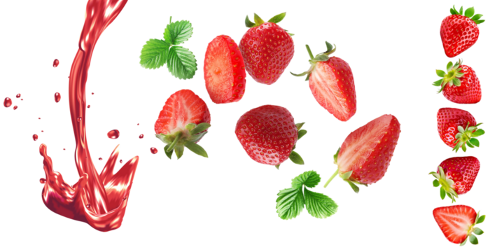 fresas flotando con splash cremoso fresas cortadas en varias presentaciones aislado rojas jugosa fresca deliciosa saludable fotografía macro alta definición chapoteo dulce cremoso png 