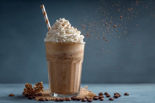 A tall glass of iced coffee, beautifully garnished with whipped cream and cocoa powder. - Powered by Adobe