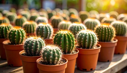 Many small cacti in terracotta pots
