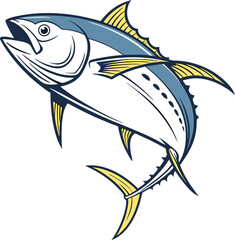 Tuna Sea Fish Vector Illustration: Elegant Marine Life Artwork in Bold Blue and Yellow Line Art Style