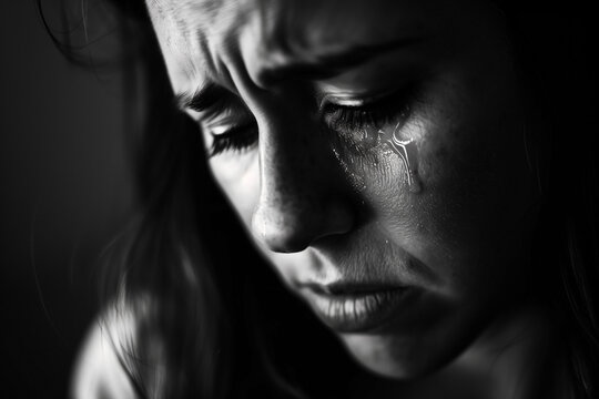 A black and white, high-contrast close-up captures a woman's face with tears streaming down her cheek. The image evokes sadness, vulnerability, and raw emotion in a simple yet powerful visual.