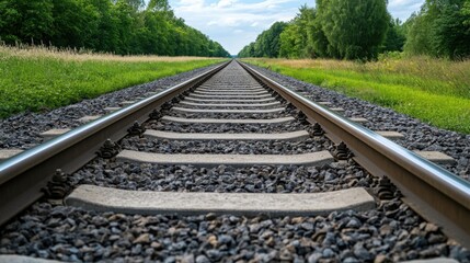 Fototapeta premium Serene View of Straight Railroad Tracks Surrounded by Lush Green Landscape