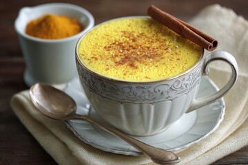 A beautiful cup of golden milk latte topped with a cinnamon stick and a touch of spice.