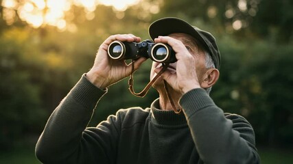 Senior Man with Binoculars Enjoying Nature in the Outdoor Sunset Setting