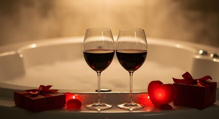 Romantic Red Wine Glasses by Hot Tub with Candles and Gifts