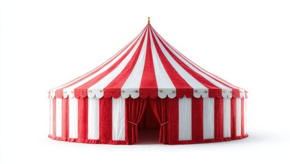 A classic red and white striped circus tent, complete with scalloped edges and a central entrance framed by red curtains, stands against a white background