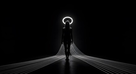 Woman Silhouette with Halo and Flowing Fabric in Dark Room