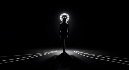Silhouette of a Woman with Halo in Dark Background - Angelic Figure in Darkness